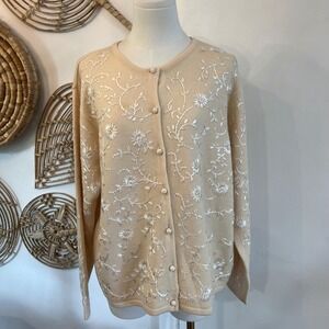 Vintage Embroidered Floral Merino Wool Cardigan Grandma Core Sweater XL
